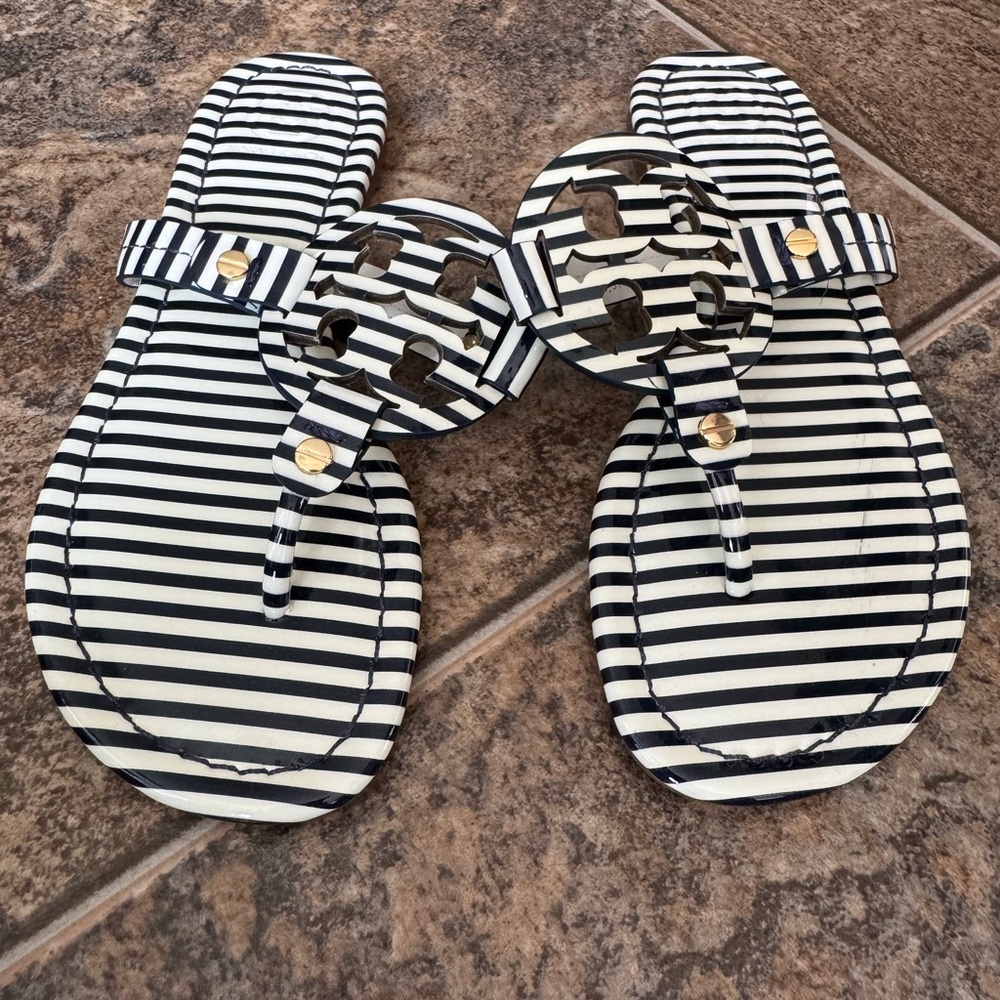 Tory Burch Miller Striped Patent Leather Logo Thong Sandals- Blue/White, 5.5M